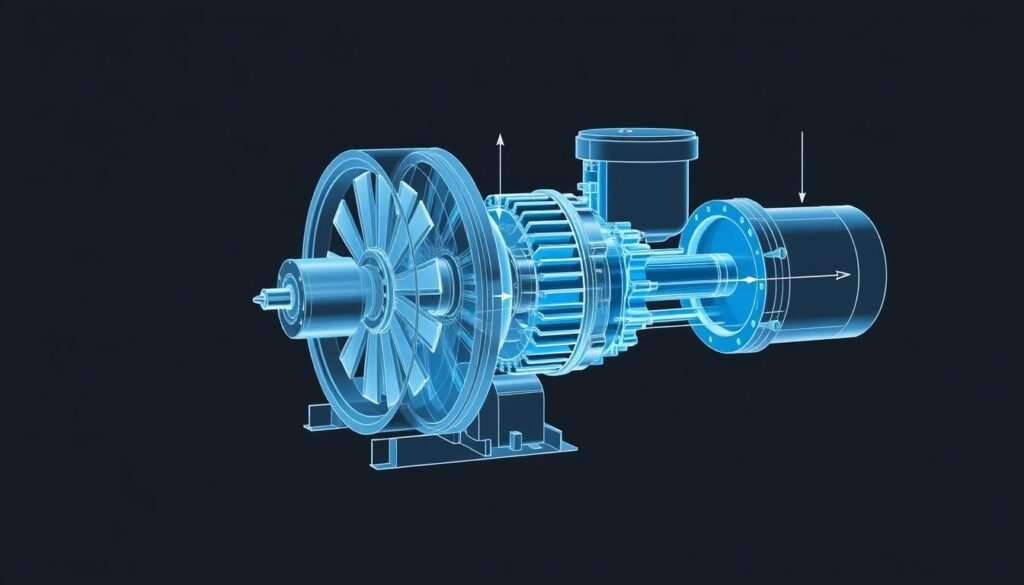 Centrifugal compressor with labeled components showing impeller, diffuser, and volute