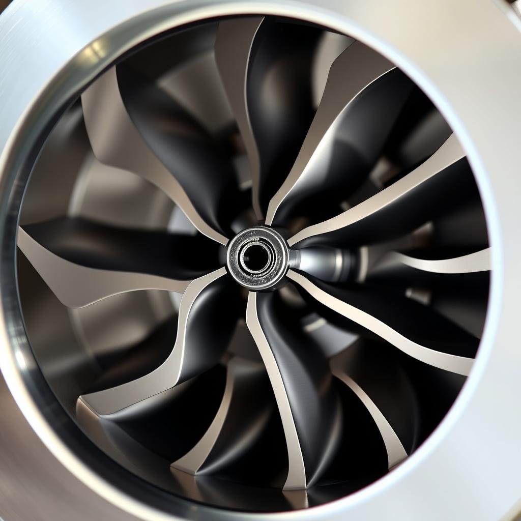 Close-up of a centrifugal compressor impeller showing blade design Close-up of a centrifugal compressor impeller showing blade design
