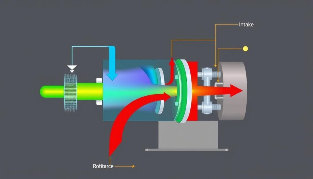 Diagram showing the working principle of a centrifugal compressor with flow paths and pressure gradients Diagram showing the working principle of a centrifugal compressor with flow paths and pressure gradients