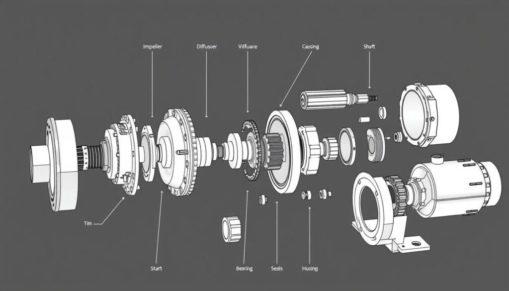 Exploded view of centrifugal compressor components including impeller, diffuser, and volute casing Exploded view of centrifugal compressor components including impeller, diffuser, and volute casing