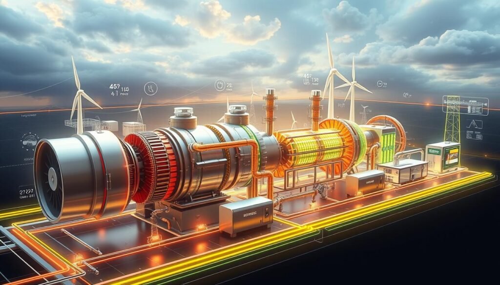 Future energy system integration showing gas turbines supporting renewable energy Future energy system integration showing gas turbines supporting renewable energy