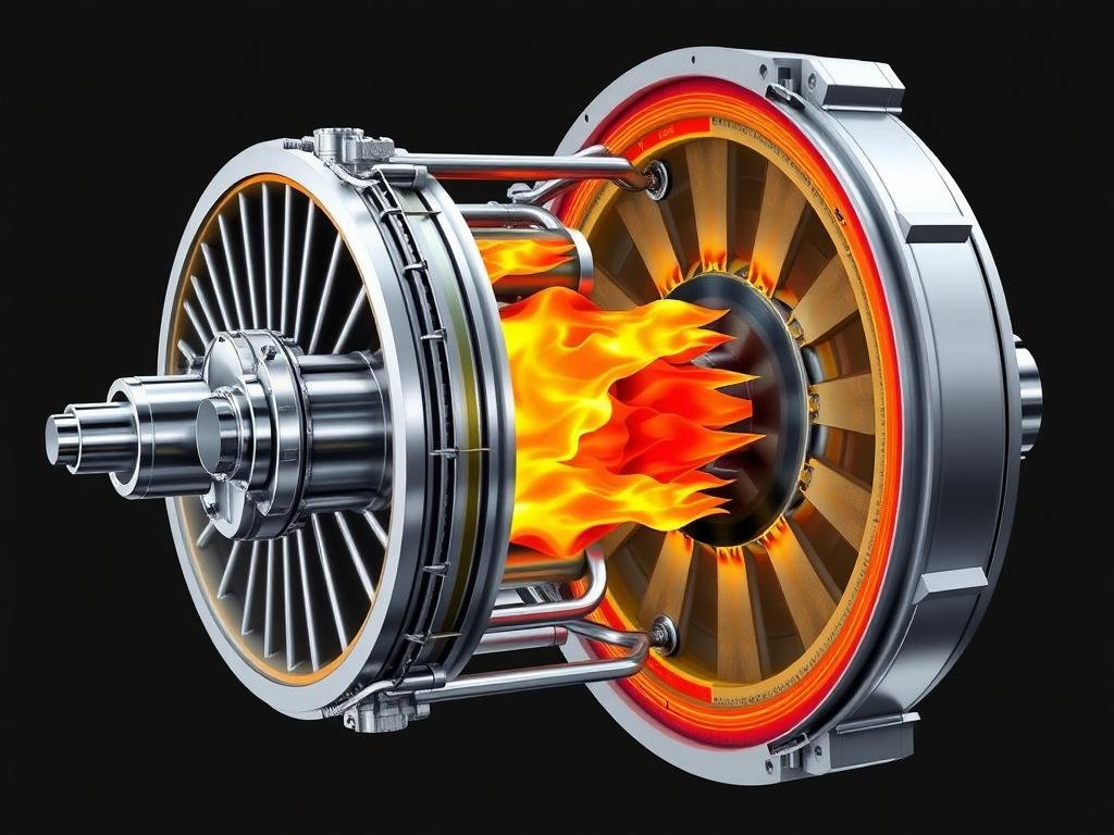 Gas turbine combustion chamber showing fuel injectors and flame pattern Gas turbine combustion chamber showing fuel injectors and flame pattern