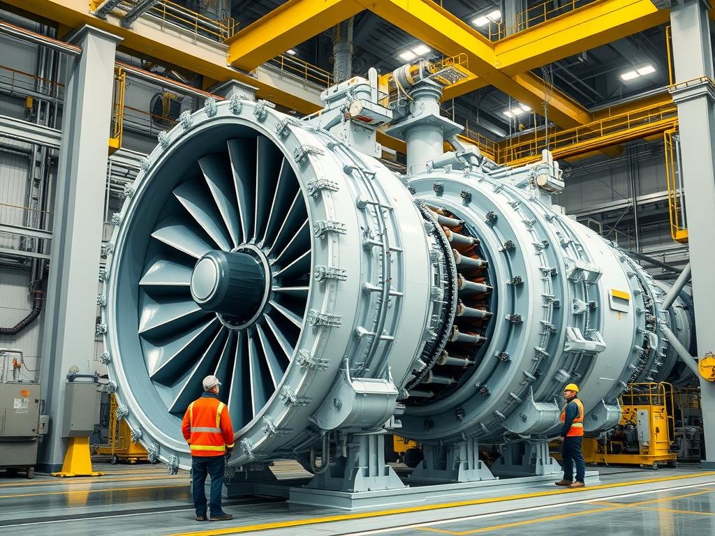 Modern industrial gas turbine installation in power plant Modern industrial gas turbine installation in power plant