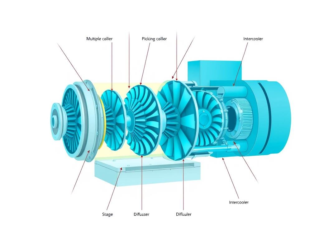 Multi-stage centrifugal compressor showing intercooling between stages Multi-stage centrifugal compressor showing intercooling between stages
