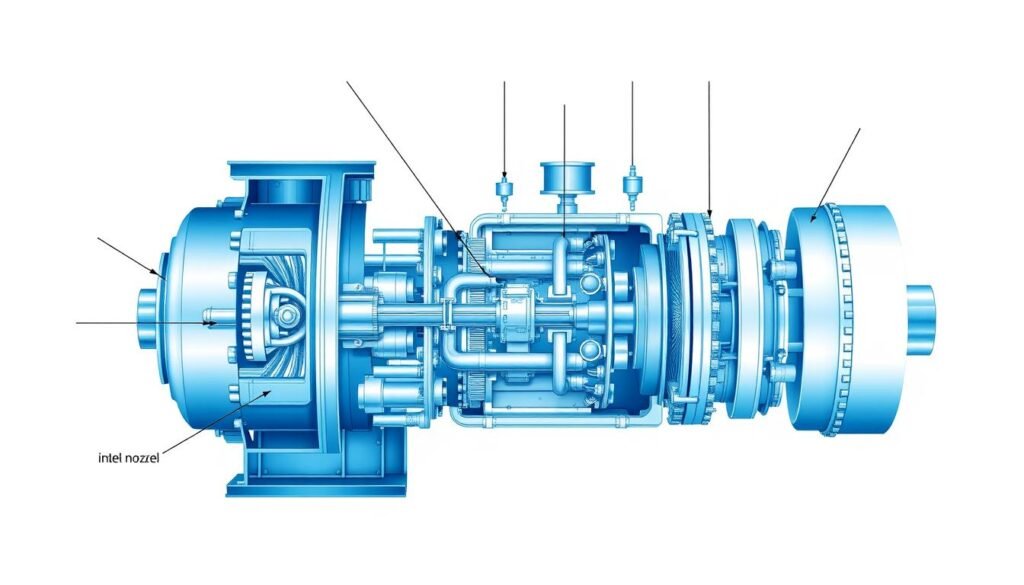 Steam turbine cross-section showing the flow of steam through blades and stages