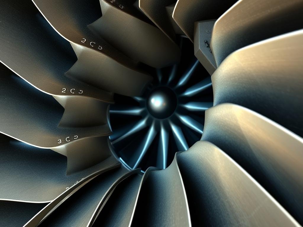 Turbine section showing high-temperature blades with cooling passages Turbine section showing high-temperature blades with cooling passages