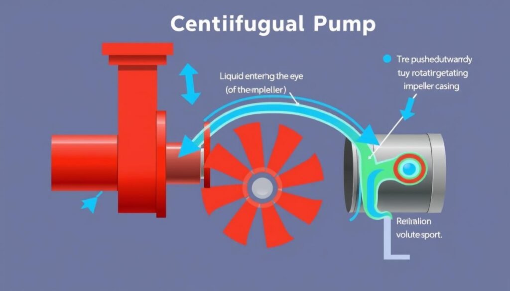 Animated diagram showing the flow path of liquid through a centrifugal pump with arrows indicating direction Animated diagram showing the flow path of liquid through a centrifugal pump with arrows indicating direction