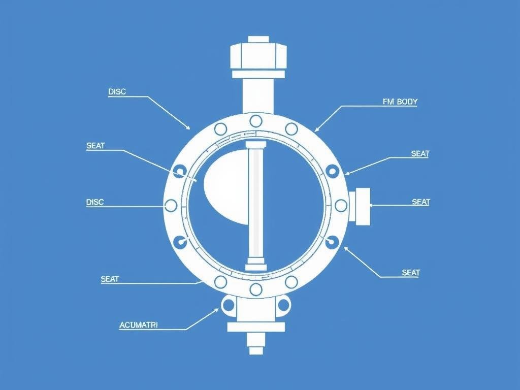 Butterfly valve cross-section showing disc, stem, and body components
