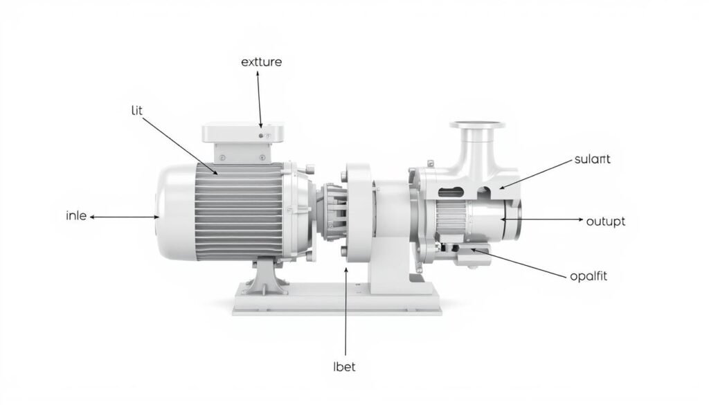 Centrifugal pump diagram showing the complete assembled unit with motor and pump housing