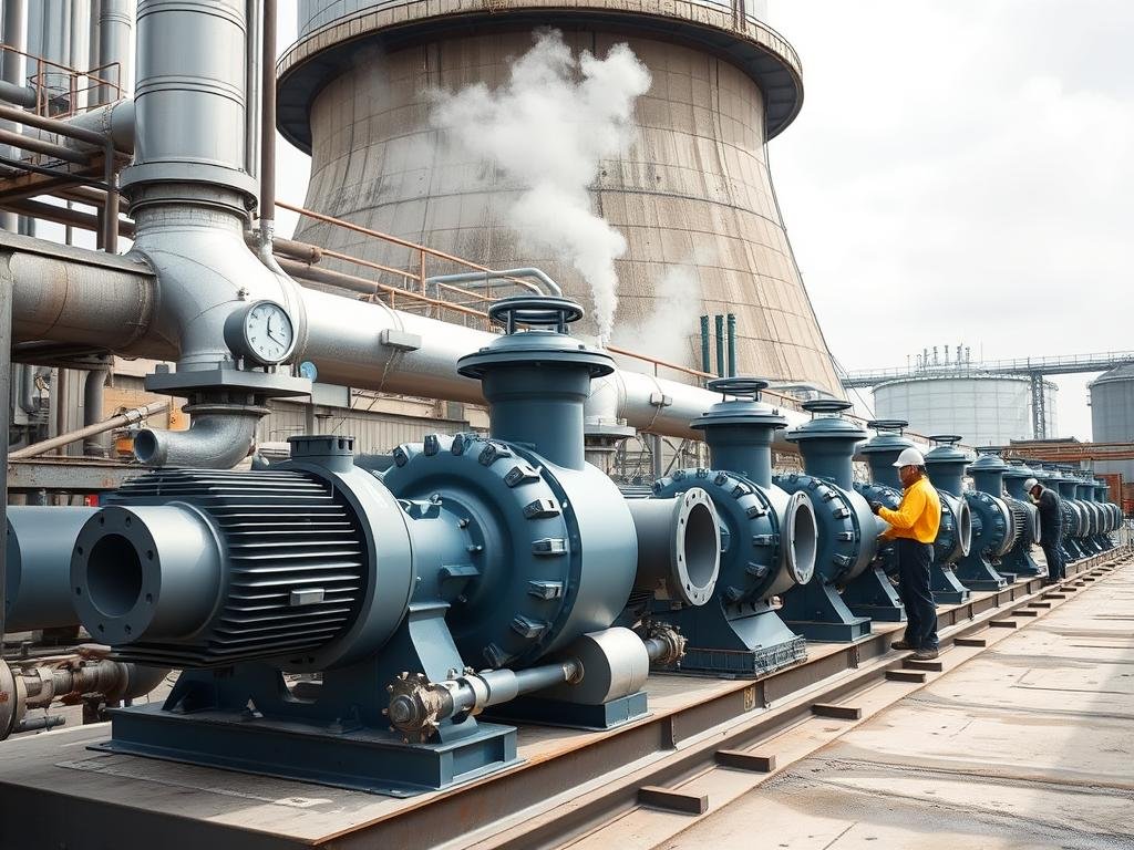 Centrifugal pumps circulating water in an industrial cooling tower system