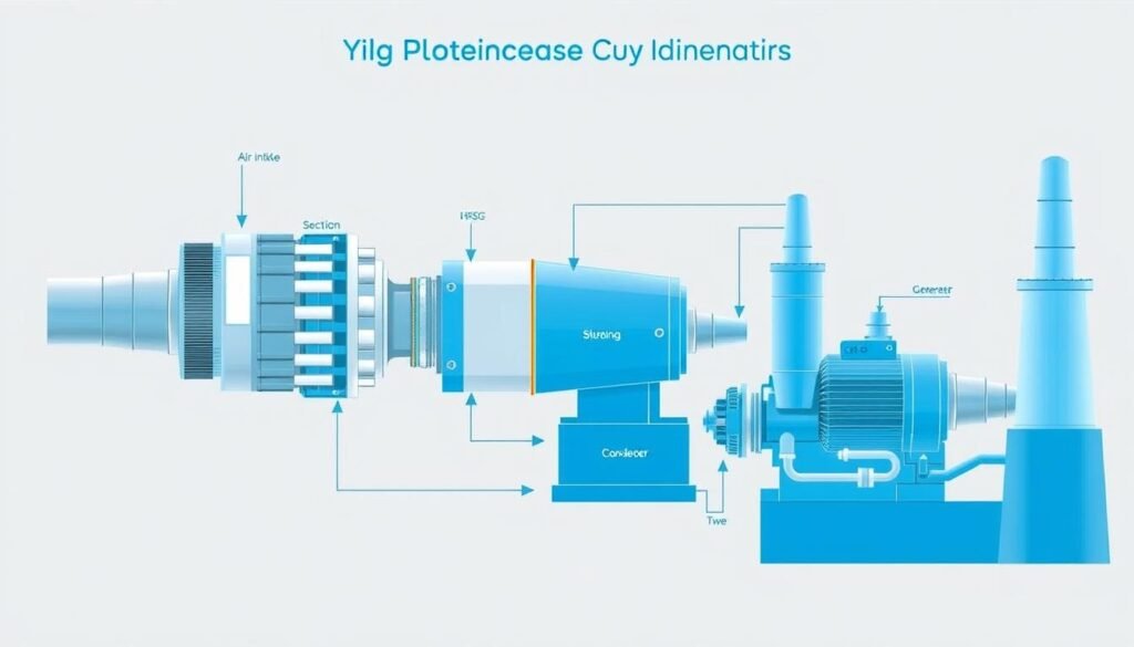 Combined Cycle Gas Turbine diagram showing gas and steam turbine integration