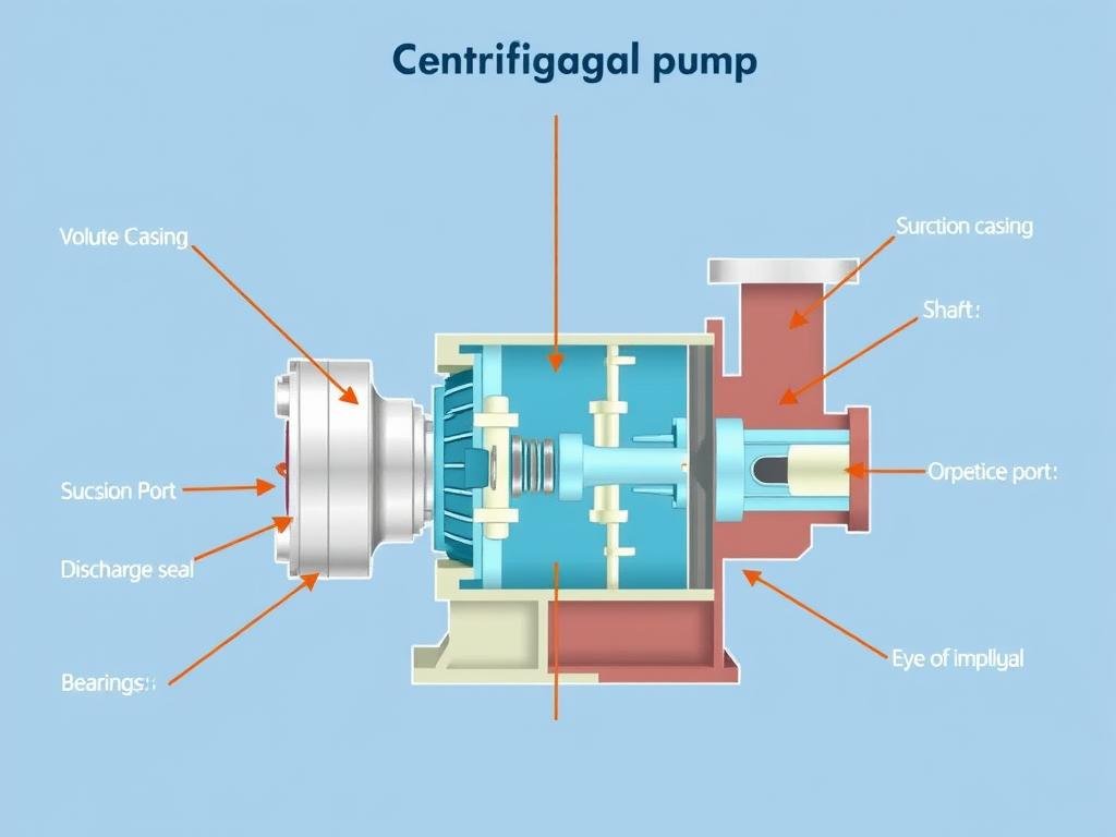 Cross-sectional centrifugal pump diagram with labeled parts including impeller, casing, shaft, and ports Cross-sectional centrifugal pump diagram with labeled parts including impeller, casing, shaft, and ports