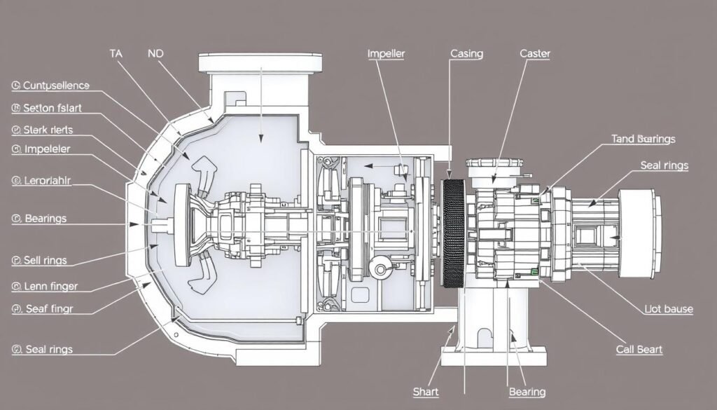 Cross-sectional diagram of a centrifugal pump showing all major components