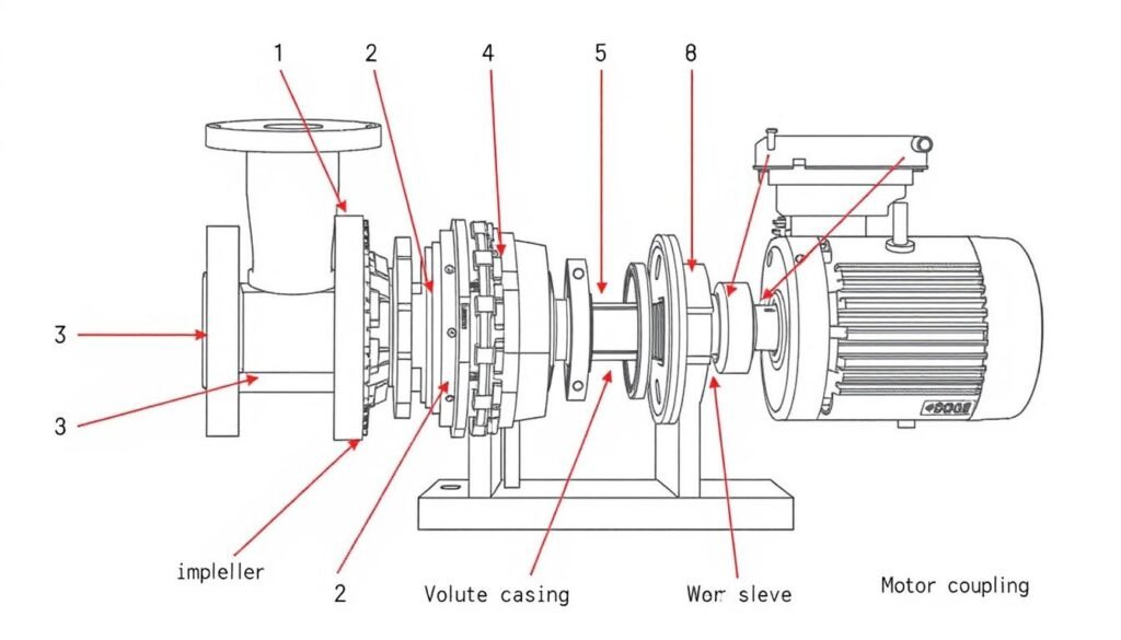 Detailed centrifugal pump diagram with numbered callouts explaining each component Detailed centrifugal pump diagram with numbered callouts explaining each component