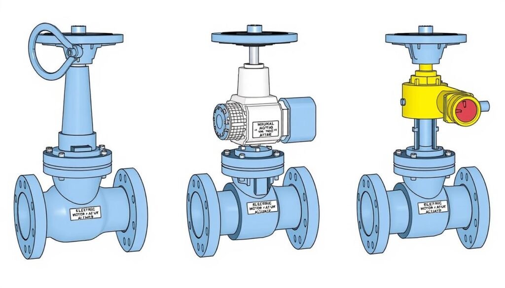 Different gate valve actuation methods including manual, electric, and pneumatic Different gate valve actuation methods including manual, electric, and pneumatic