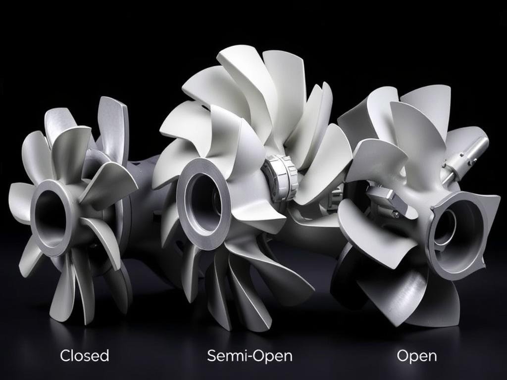Different types of centrifugal pump impellers including closed, semi-open, and open designs Different types of centrifugal pump impellers including closed, semi-open, and open designs