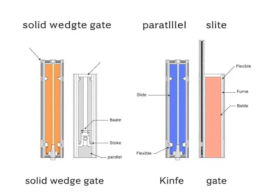 Different types of gate designs including solid wedge, flexible wedge, and knife gate Different types of gate designs including solid wedge, flexible wedge, and knife gate