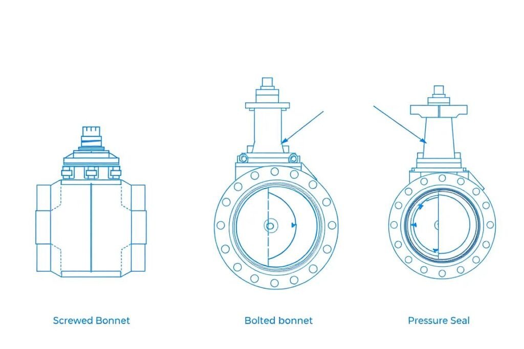 Different types of gate valve bonnets including screwed, bolted, and pressure seal designs Different types of gate valve bonnets including screwed, bolted, and pressure seal designs