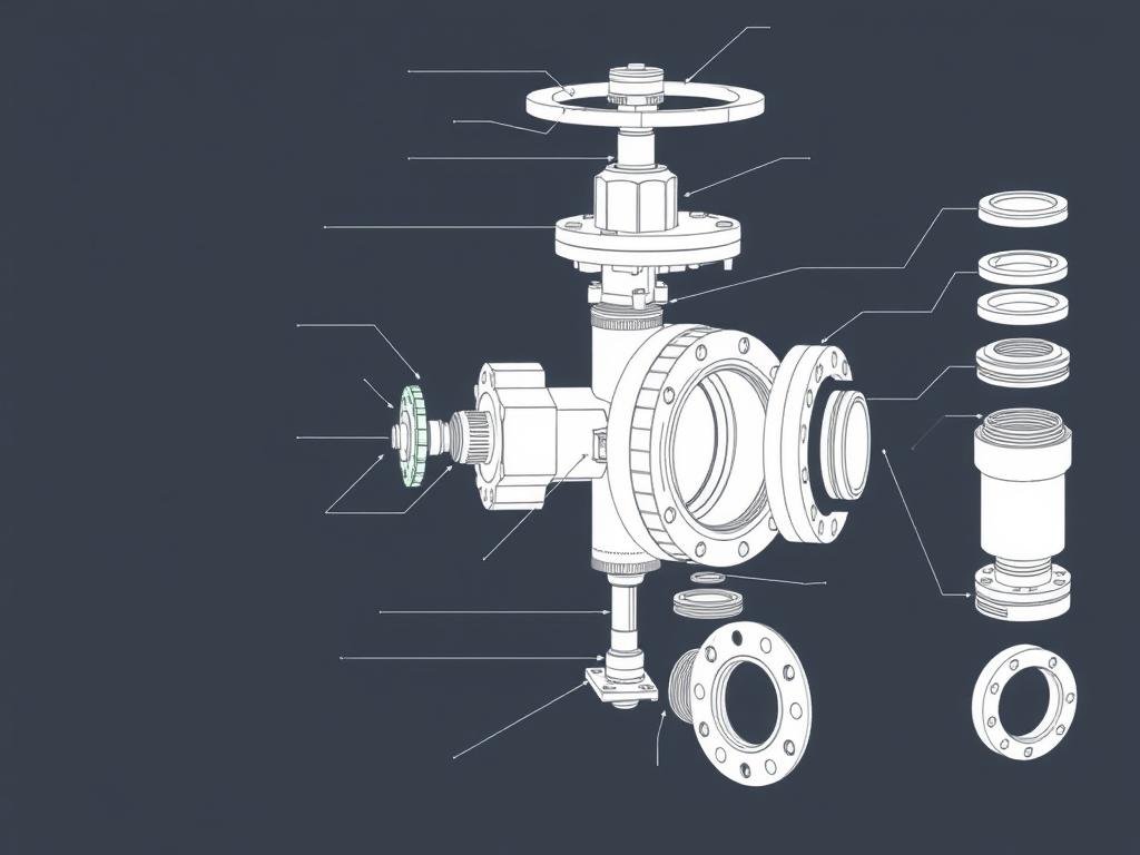 Exploded view of gate valve parts showing all components separated Exploded view of gate valve parts showing all components separated