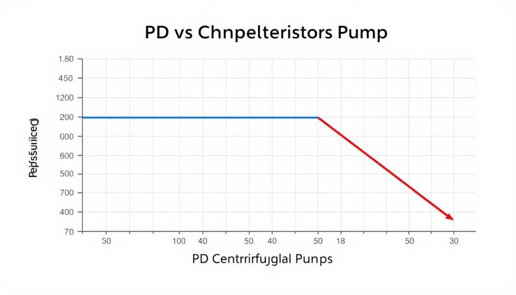 Flow characteristic graph comparing constant flow of positive displacement pump vs variable flow of centrifugal pump as pressure increases