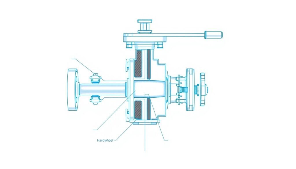 Gate valve cross-section showing all major gate valve parts and components