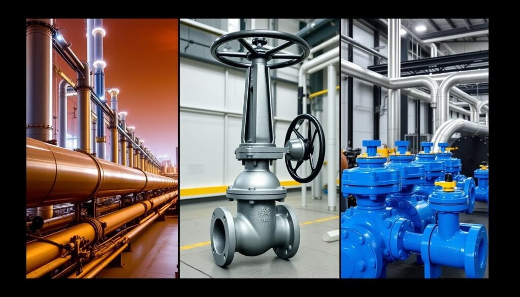 Gate valves installed in various industrial settings including oil and gas, water treatment, and power generation Gate valves installed in various industrial settings including oil and gas, water treatment, and power generation