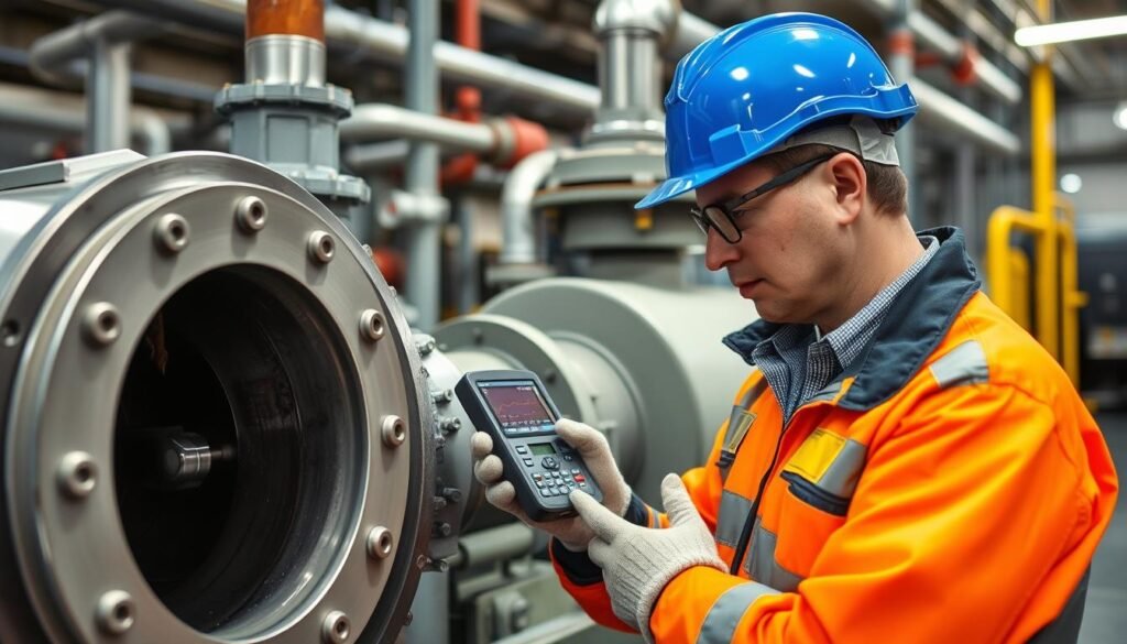 Maintenance technician inspecting a centrifugal pump in an industrial setting Maintenance technician inspecting a centrifugal pump in an industrial setting