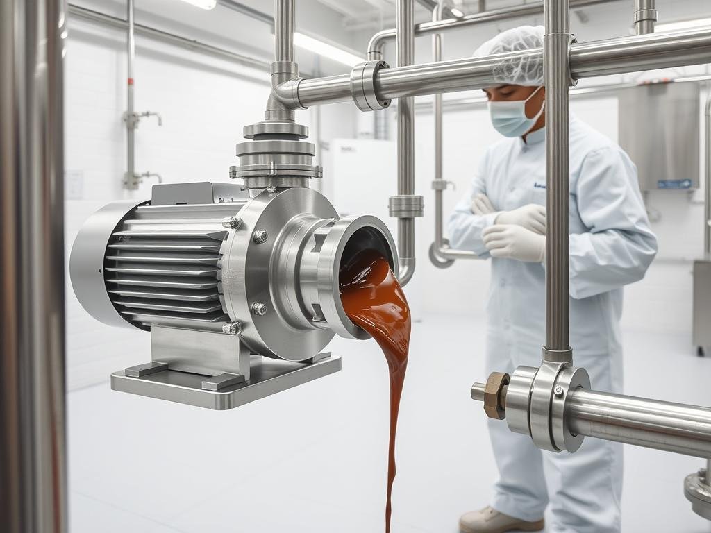 Positive displacement pump transferring thick chocolate in a food processing facility