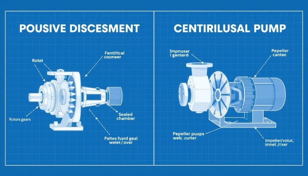Side-by-side comparison of positive displacement pump vs centrifugal pump showing basic internal components and flow patterns