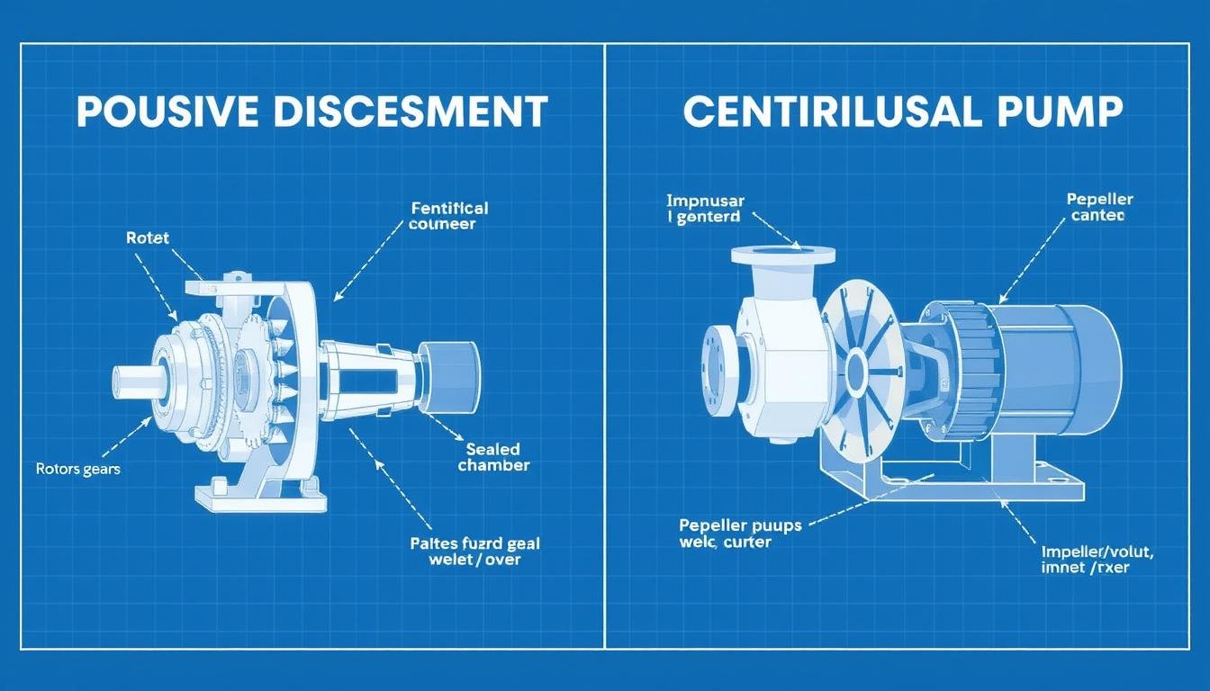 Side-by-side comparison of positive displacement pump vs centrifugal pump showing basic internal components and flow patterns