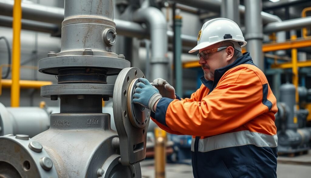 Technician performing maintenance on an industrial gate valve Technician performing maintenance on an industrial gate valve