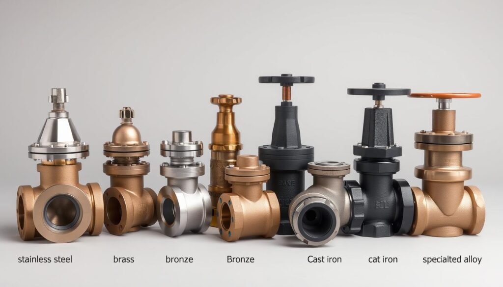 Various materials used in gate valve construction including stainless steel, brass, and cast iron components Various materials used in gate valve construction including stainless steel, brass, and cast iron components