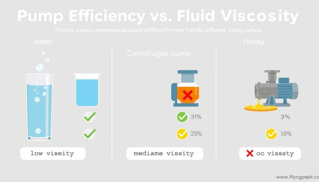 Viscosity comparison infographic showing how different pumps handle water vs honey vs oil
